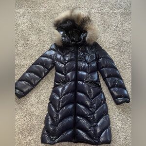 Moncler Navy Puffer Coat with Fur Hood